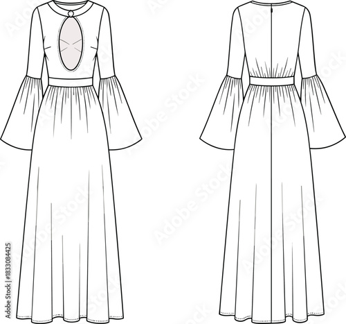 Fashion illustration of a long white dress with bell sleeves and keyhole neckline