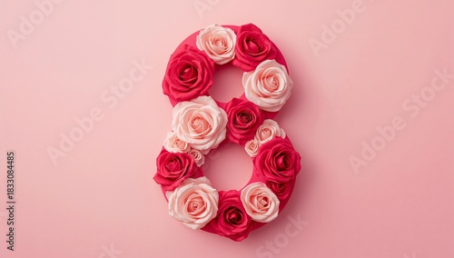 Elegant Floral Arrangement of Roses Creating the Number Eight on a Soft Pink ...