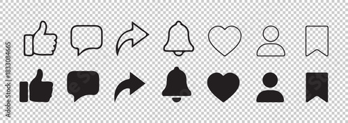Set of common social media interface icons including like comment share notification heart person bookmark