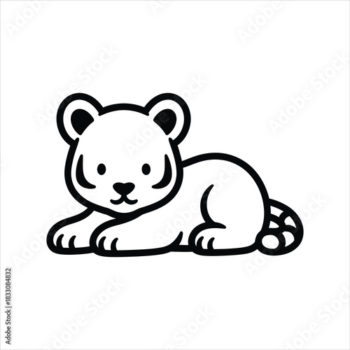 Adorable Lying Tiger Cub Illustration in Black and White Outline