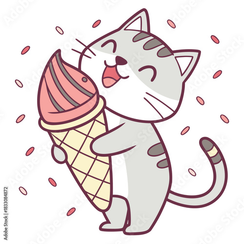 Joyful expression on a American Shorthair in a Ice cream party theme, with holding a heart – Scoops & Swirls vector art