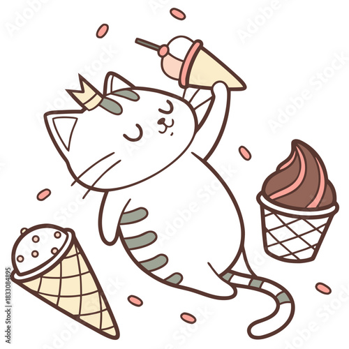 SVG art: A Relaxed American Shorthair in a Ice cream party vibe with with a tiny crown, tinted with Scoops & Swirls tones