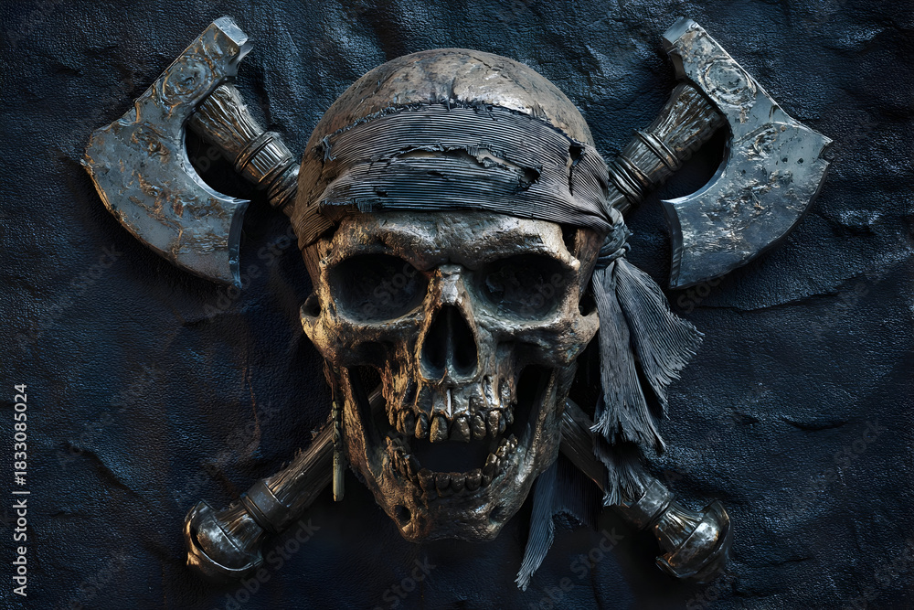 Fototapeta premium Pirate symbol with grim skull and torn bandana for nautical themed design