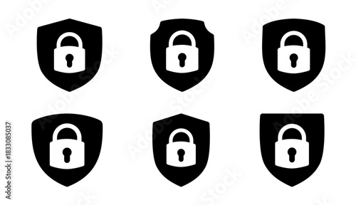Grid of multiple black shield-lock icons representing layered protection and multi-level security. Excellent for cybersecurity-themed assets and UI icon packs.