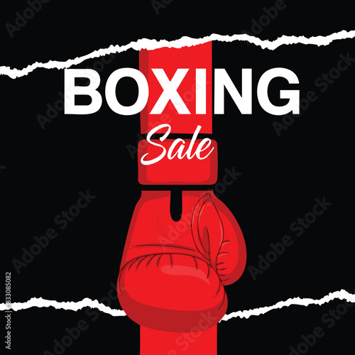 Illustrative boxing glove and punching bag on dark backdrop with torn paper borders for a sports equipment sale promotion