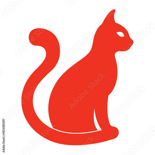 Simple black sitting cat silhouette with a curled tail isolated on white background