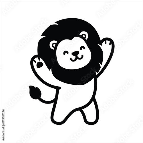 Happy cartoon lion with fluffy mane waving its paws in greeting