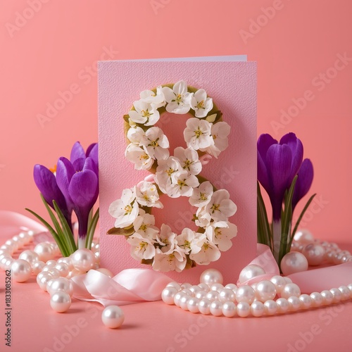 Floral Greeting Card With Pink Background and Pearls Showcases Spring Flowers...