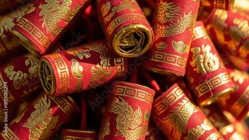 Red and Gold Chinese Firecrackers with Dragon and Phoenix Motifs for Lunar New Year Celebration.