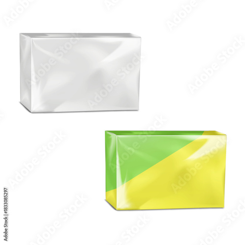 Paperboard box covered with packaging film. White blank and color design. Realistic 3d vector mock-up. Carton container package in clear glossy cellophane wrap. Mockup. Easy editable template