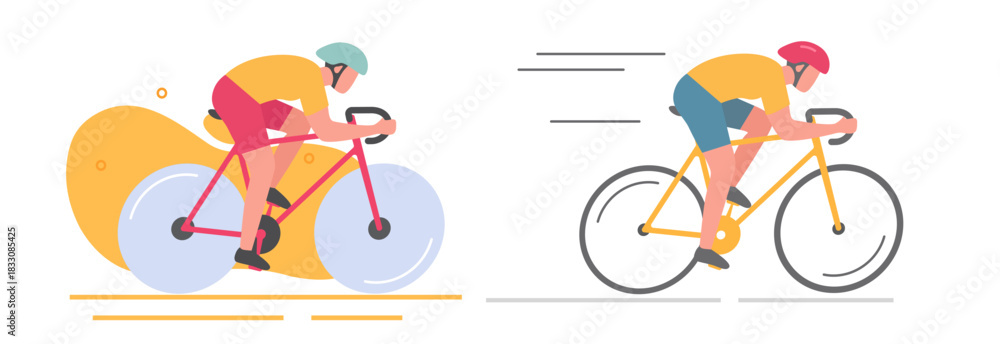 Obraz premium Cyclist on bike isolated icon vector modern graphic design illustration set, sport race bicycle with man rider moving fast speed flat cartoon minimal style on white and yellow background, wheelmen ima