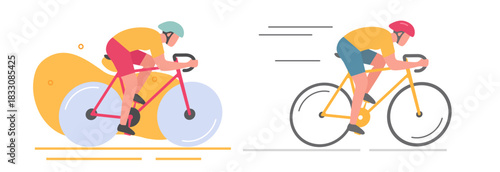 Cyclist on bike isolated icon vector modern graphic design illustration set, sport race bicycle with man rider moving fast speed flat cartoon minimal style on white and yellow background, wheelmen ima