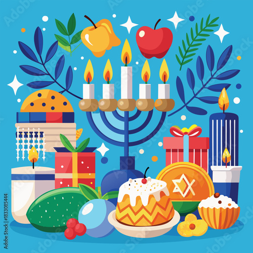 Colorful illustration of Hanukkah celebration with menorah and gifts. colorful