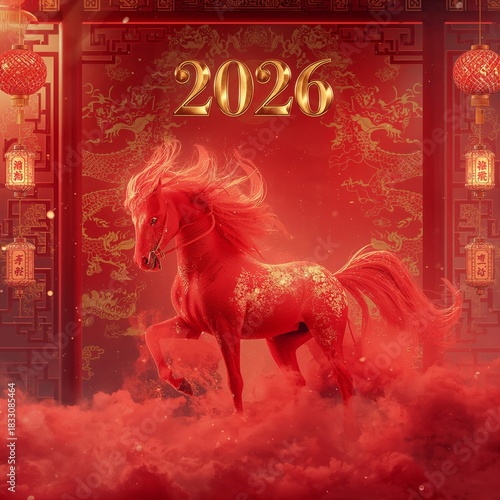 Red Horse Symbolizes Good Fortune for 2026 in Festive Asian Celebration