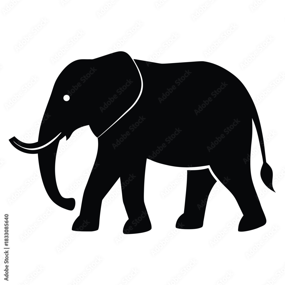 Fototapeta premium Minimalist solid black silhouette of an elephant walking isolated on white background