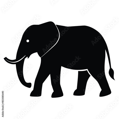 Minimalist solid black silhouette of an elephant walking isolated on white background