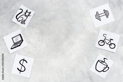 Wallpaper Mural Life balance concept. Many paper cards with hand drawing of different life activities Torontodigital.ca