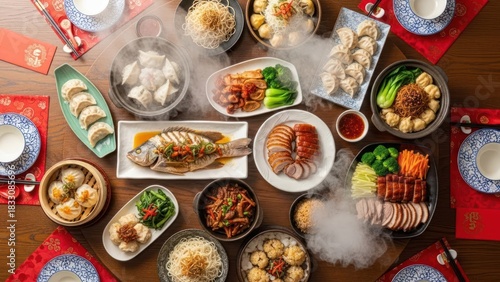 Chinese New Year Reunion Dinner Feast with Steaming Dumplings, Fish, and Duck