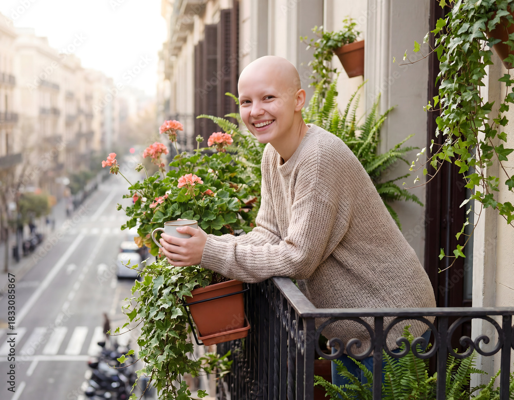 Obraz premium Happy woman with shaved head holding coffee cup and standing in a balcony showing positivity