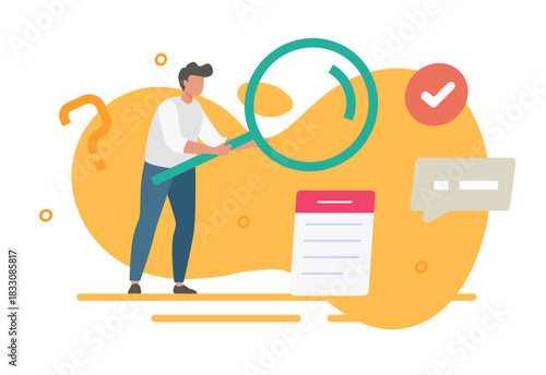 Man searching icon modern design, vector person character find explore, analysis review vector graphic illustration, expert discover, inspect data information via magnifier, decision solution concept
