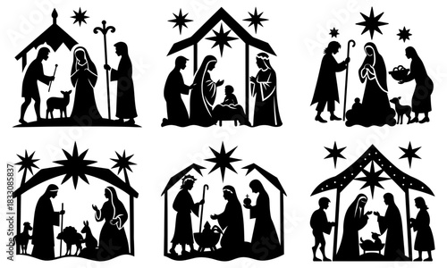 Classic Nativity Scenes Set for Christmas Celebrations and Holiday Designs Originally a Vector Graphic, Perfect for Invitations and Religious Decorations