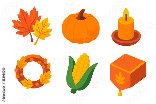 Vibrant Autumn Icons. Seasonal Decor flat icon set: autumn leaves, pumpkin, candle, wreath, harvest corn, table runner