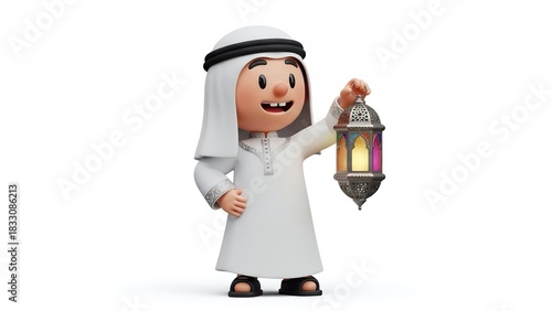 A smiling cartoon boy wearing a white robe and headscarf holds a colorful lantern on a white background.
