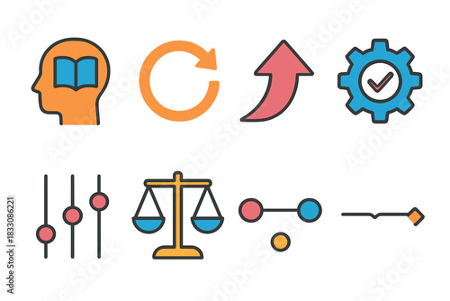 Skill Growth Icons. Skill Development Pathways Actions flat icon set: learn icon, repeat loop, refine arrow, apply gear, test check, adjust slider, evaluate scale, integrate line