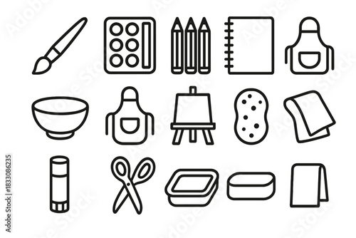 Artistic Tools Icons. Creative wellness tools linear icon set: paintbrush, watercolor palette, colored pencils, sketchbook, clay bowl, apron, easel, sponge, glue stick, scissors