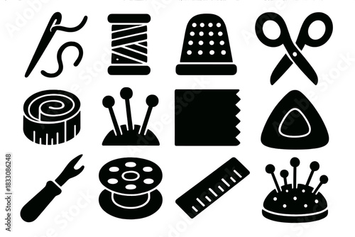Sewing Tools Icons. Sewing Craft Tools silhouette icon set: needle, thread, thimble, scissors, tape measure, pins, fabric, chalk, seam ripper, bobbin, ruler, pin cushion