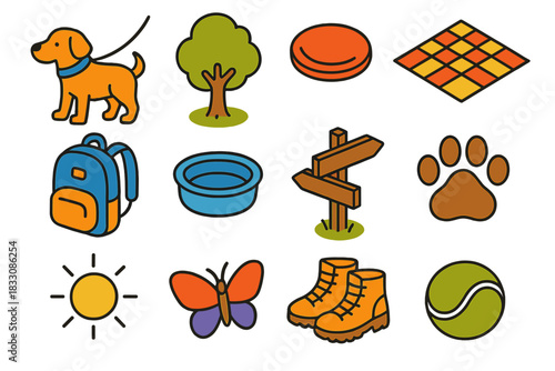 Isometric Outdoor Icon Set. Outdoor adventures flat icon set: dog on leash, park tree, frisbee, picnic blanket, backpack, water bowl, trail sign, paw print, sunshine, butterfly