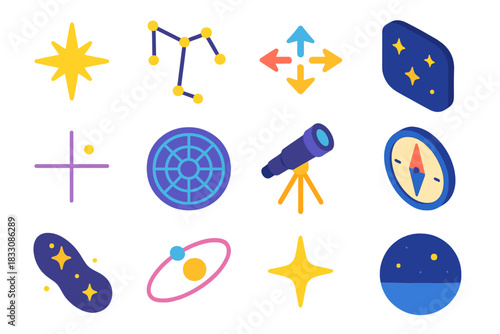 Celestial Navigation Icons. Celestial Navigation Map flat icons set. north star, constellations, direction markers, night sky, coordinates, circular grid, telescope, compass, milky