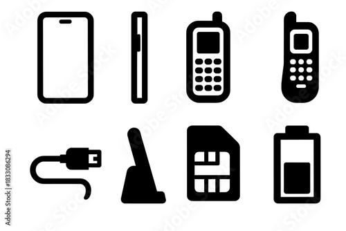 Brutalist Phone Icons. Phone Devices silhouette icon set: smartphone front, smartphone side, feature phone, cordless handset, charging cable, dock stand, SIM card, battery icon