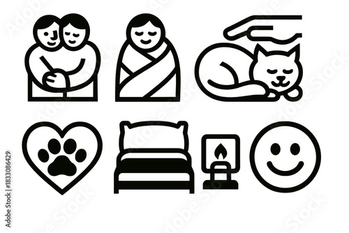 Cozy Comfort Icons. Bond and Comfort silhouette icon set. cuddle pose, cozy blanket, hand petting, sleeping cat, heart paw, warm bed, pillow, smile