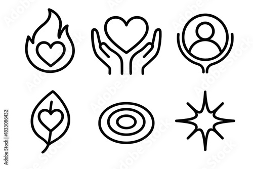 Kindness Icons Collection. Kindness Concepts Set linear icon set: compassion flame, peaceful heart, empathy circle, caring leaf, harmony ripple, kindness spark