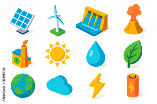 Renewable Energy Icons. Renewable power sources flat icons set. solar panel, wind turbine, hydro dam, geothermal vent, biomass plant, sun, water droplet, leaf, energy bolt, battery
