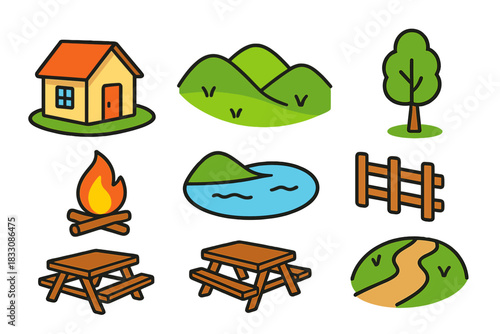 Countryside Retreat Icons. Countryside Retreats flat icon set: cottage house, green hills, wooden fence, tree, campfire, lake view, picnic table, dirt path