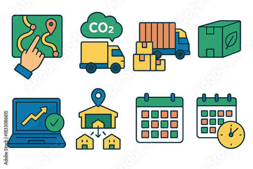 Eco-Friendly Logistics Icons. Eco-logistics planning actions flat icon set: optimizing routes, reducing emissions, consolidating shipments, using green packaging, tracking