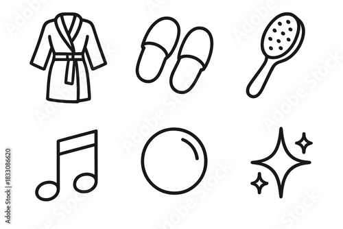 Self-Care Icons. Self-Care Routine linear icon set: robe, slippers, brush, music note, bubble, sparkle