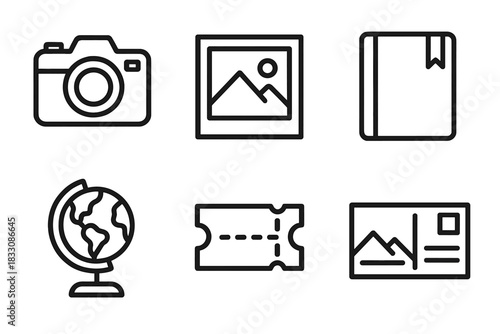 Travel Icon Collection. Travel Memories linear icon set: camera, photo frame, journal, souvenir globe, ticket stub, postcard