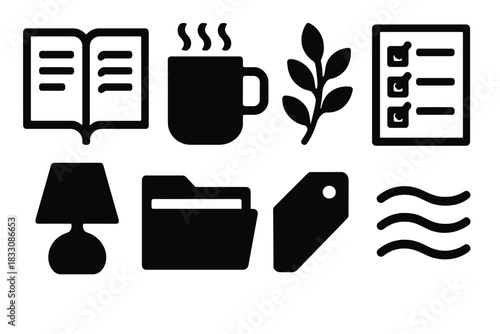 Brutalist Mindset Icons. Flourishing Mindset Tools silhouette icon set: journal page, warm mug, plant sprig, checklist, soft lamp, resource folder, guidance tag, breath lines