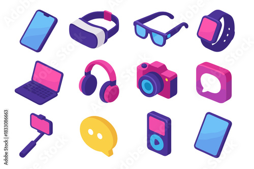 Colorful Tech Gadgets. Digital Trends flat icon set: smartphone, VR headset, smart glasses, smartwatch, laptop, headphones, camera, social app icon, selfie stick, chat bubble
