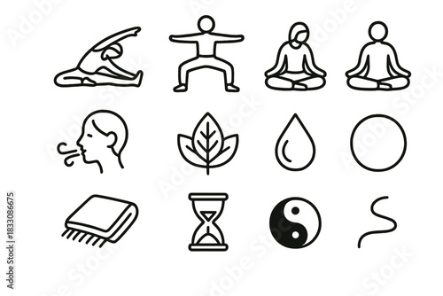 Yoga Icon Set. Yoga Lifestyle Set linear icon set: stretching pose, grounding stance, gentle bend, peaceful sit, rhythmic breath icon, herbal leaf, essential oil drop, cozy blanket
