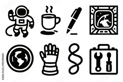 Zero Gravity Icons. Zero Gravity silhouette icon set. astronaut, floating cup, pen in air, spacecraft interior, Earth from window, glove, tether, toolkit.