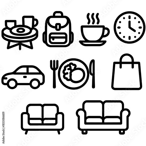 Daily Life Icons. Daily Life linear icon set: breakfast table, school bag, coffee cup, clock, car, meal plate, shopping bag, sofa