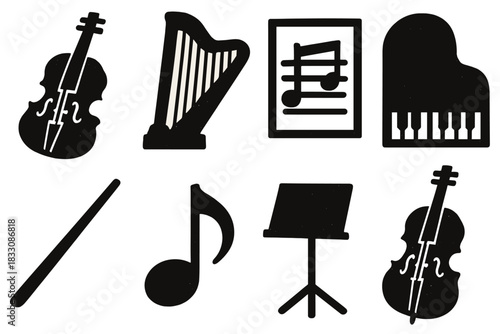 Brutalist Music Icons. Classical Music silhouette icon set: violin, harp, sheet music, piano, conductor baton, note, stand, cello