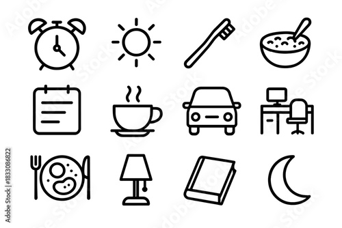 Daily Routine Icons. Daily Routines Elements Set linear icon set: alarm clock, morning sun, toothbrush, breakfast bowl, planner sheet, coffee cup, commute icon, work desk, lunch