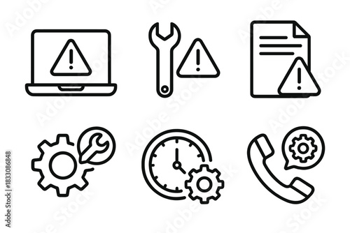 Technical Support Icons. Technical complaint handling linear icon set: laptop, wrench, warning triangle, document, gear, clock