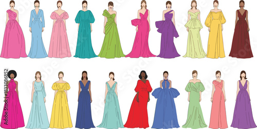 Diverse women in colorful floor-length gowns with various necklines and sleeve styles