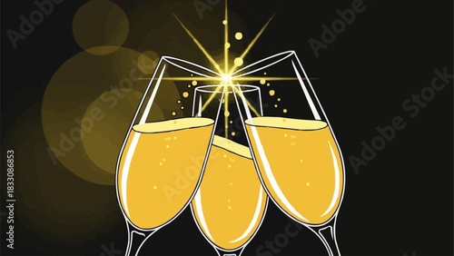 Three elegant champagne glasses clinking in a celebratory toast.